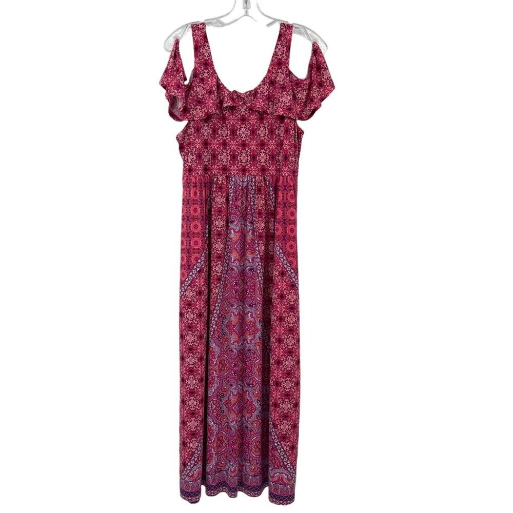Soma Bliss Knit Cold Shoulder Maxi Dress‎ Women's Large Pink Multi Color Boho